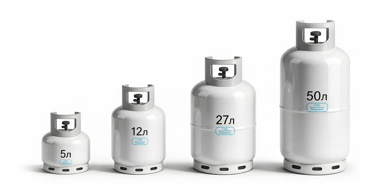 A row of gas cylinders labelled 5, 12, 27 and 50 litres